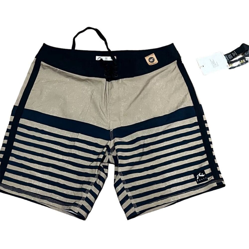 Rusty Men's Nitrogen Board Shorts Size 32 Green Striped Bermuda Summer Casual